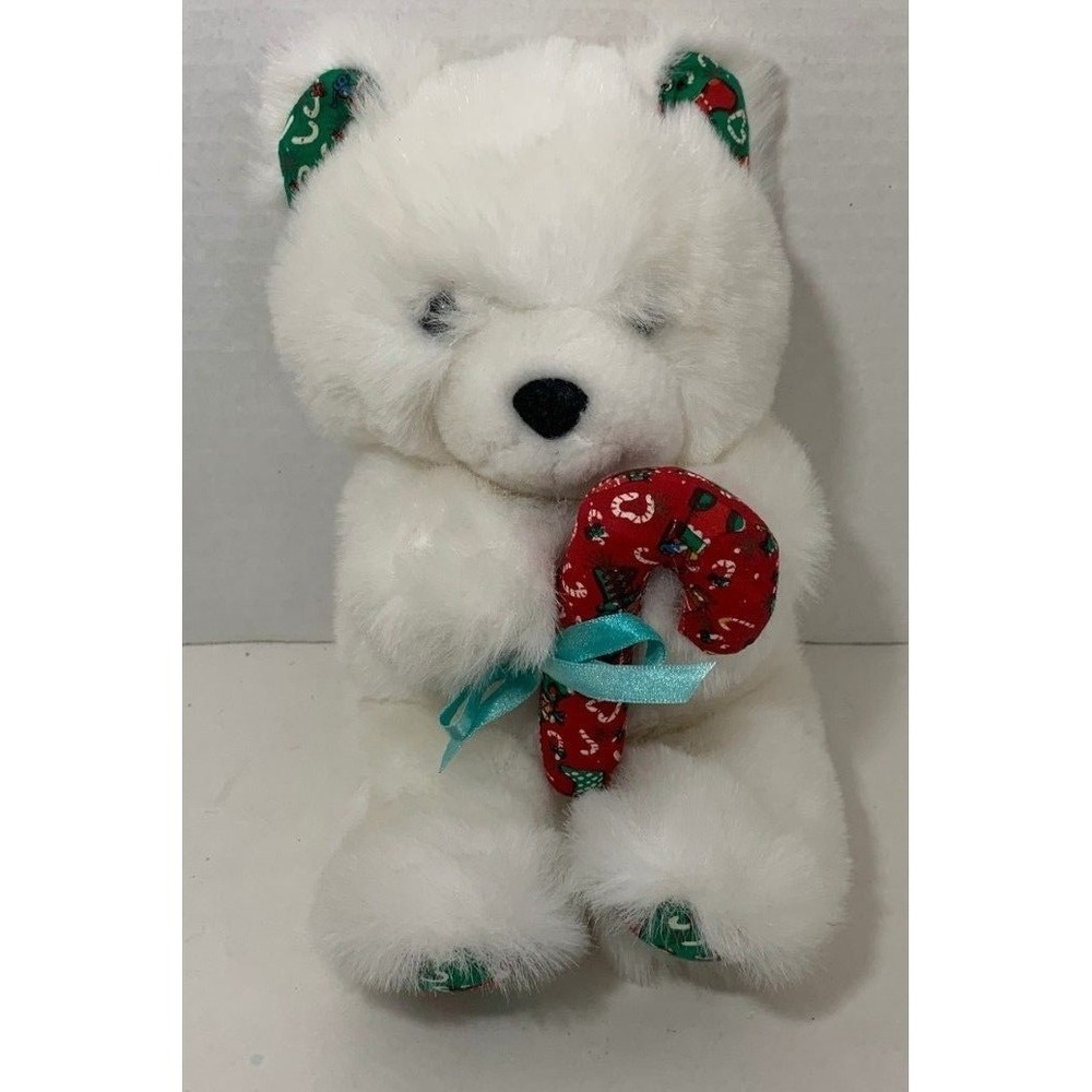 Fiesta White Vintage Christmas Teddy Bear Plush red‎ candy cane green ears feet